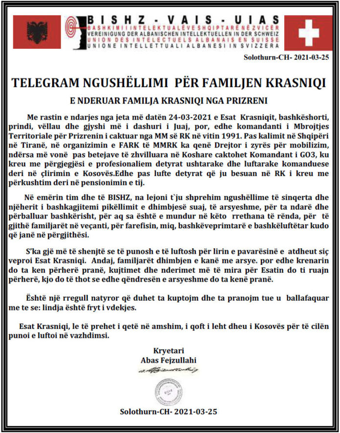 Telegram Ngushëllimi familjes Krasniqi